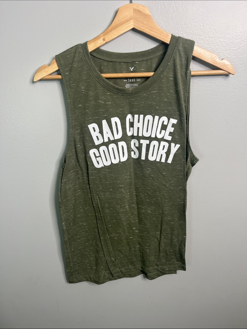 American Eagle Soft & Sexy Tank Top Size M Olive Green “Bad Choice Good Story”